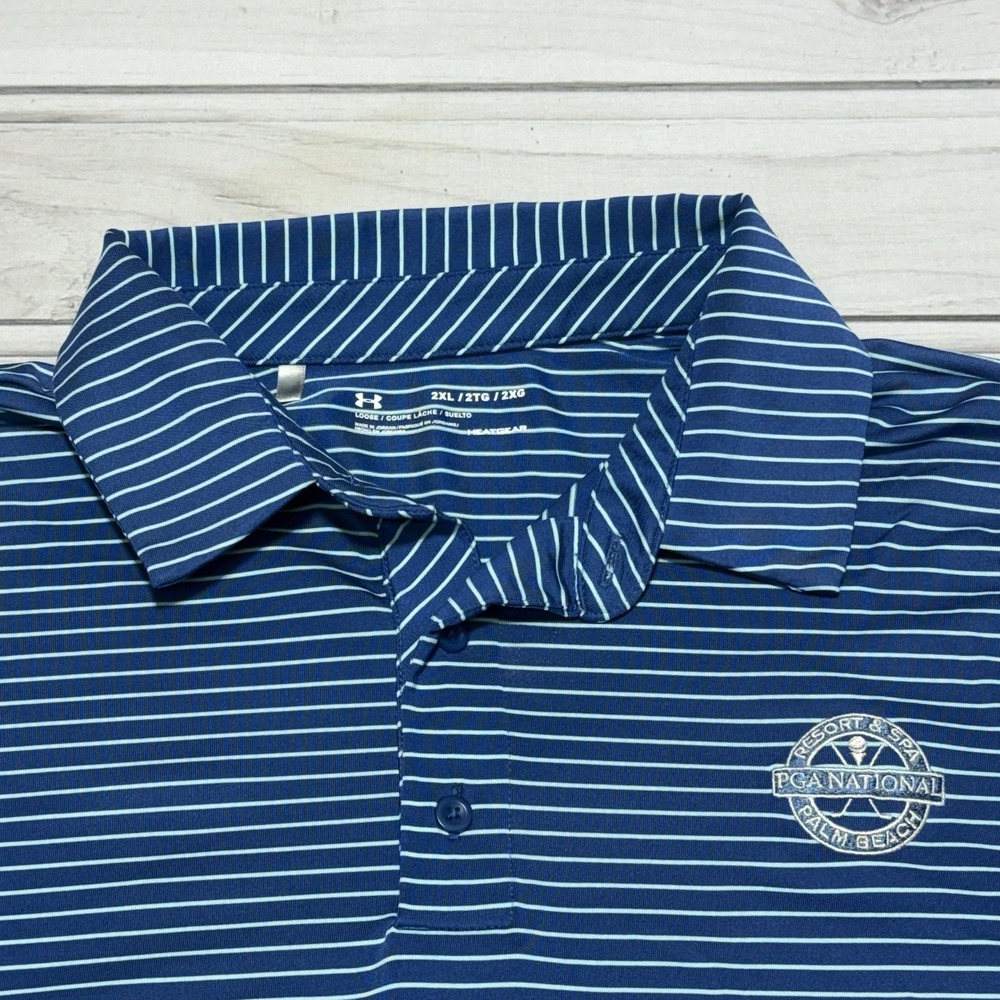 Under Armour Golf Polo Mens 2XL Blue PGA National Resort Florida Striped Logo